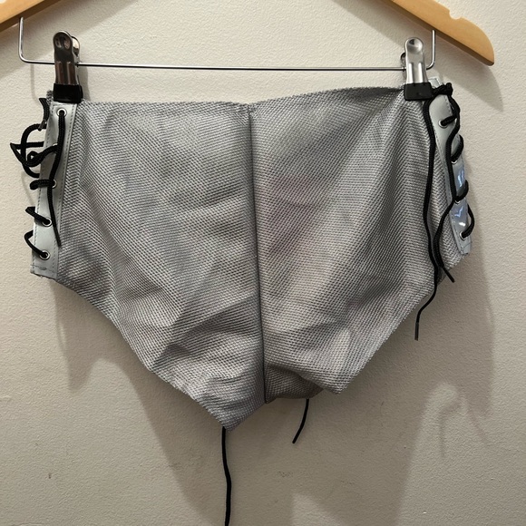 Silver Vinyl Mesh Lace Up V Front Shorts With Lace Up Sides - Picture 3 of 3